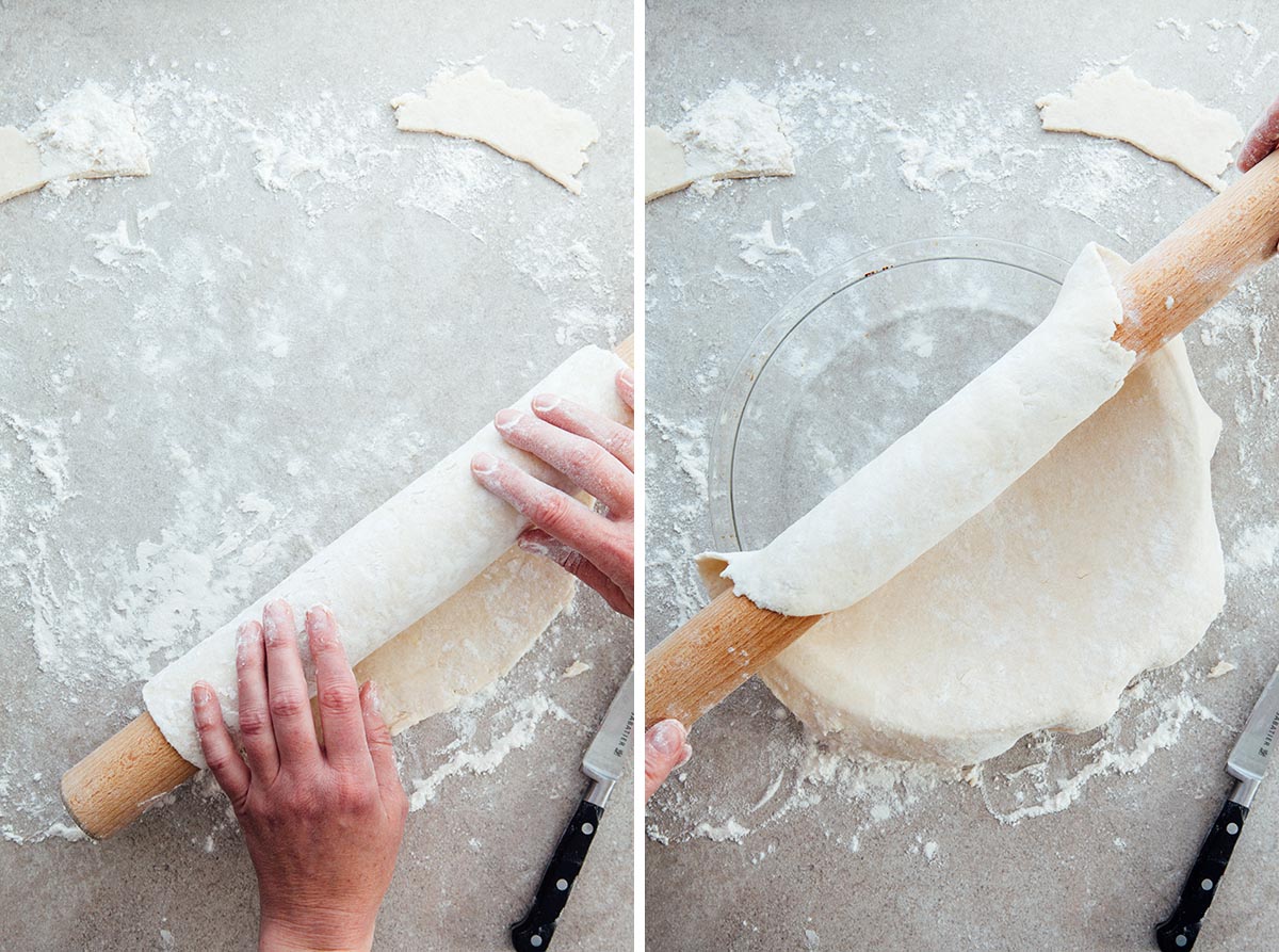 Rolling pie dough over and into a pie plate.