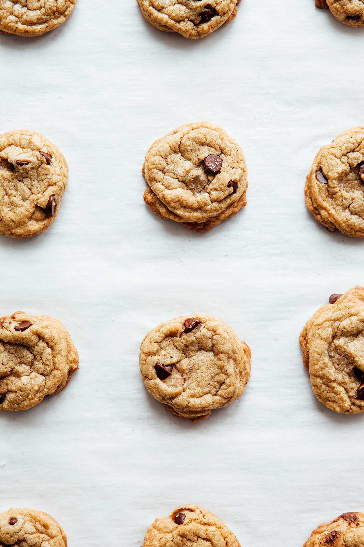Overhead close up of brown butter chocolate chip cookies.