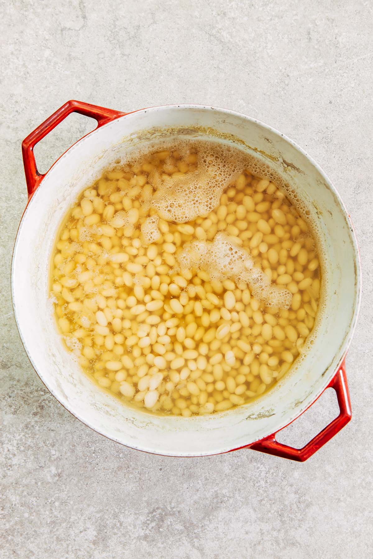A pot of undrained cooked navy beans.