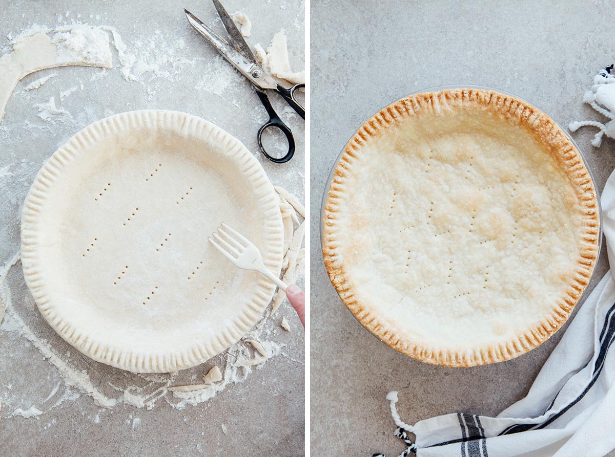 Poking an unbaked pie shell with a fork, and a par-baked pie crust.