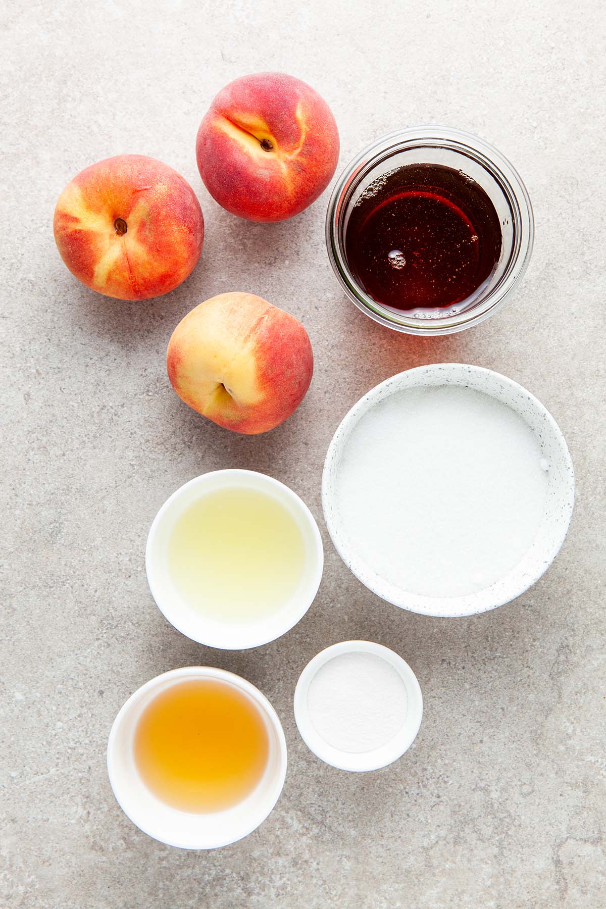 Ingredients to maple small batch peach jam.
