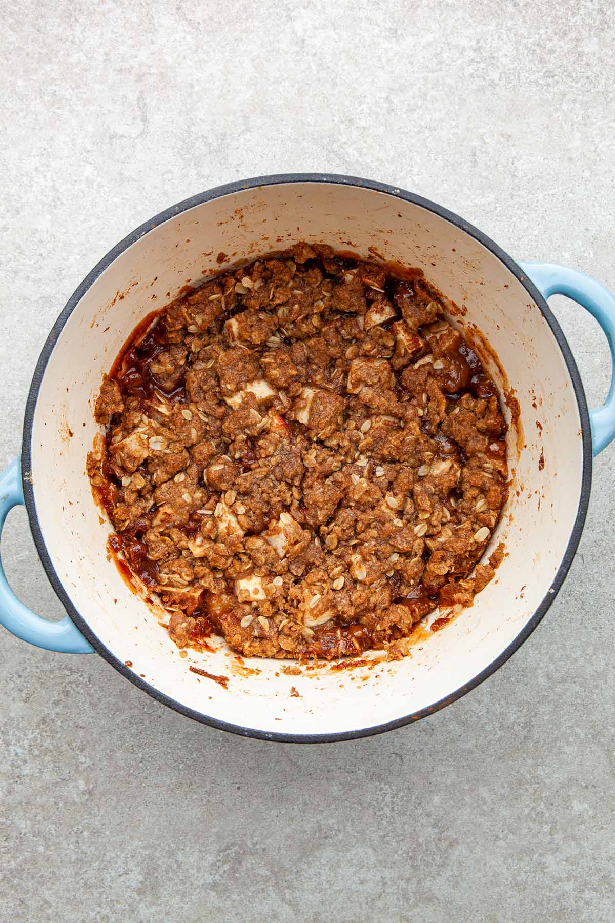 Overhead shot of Dutch oven apple crisp.