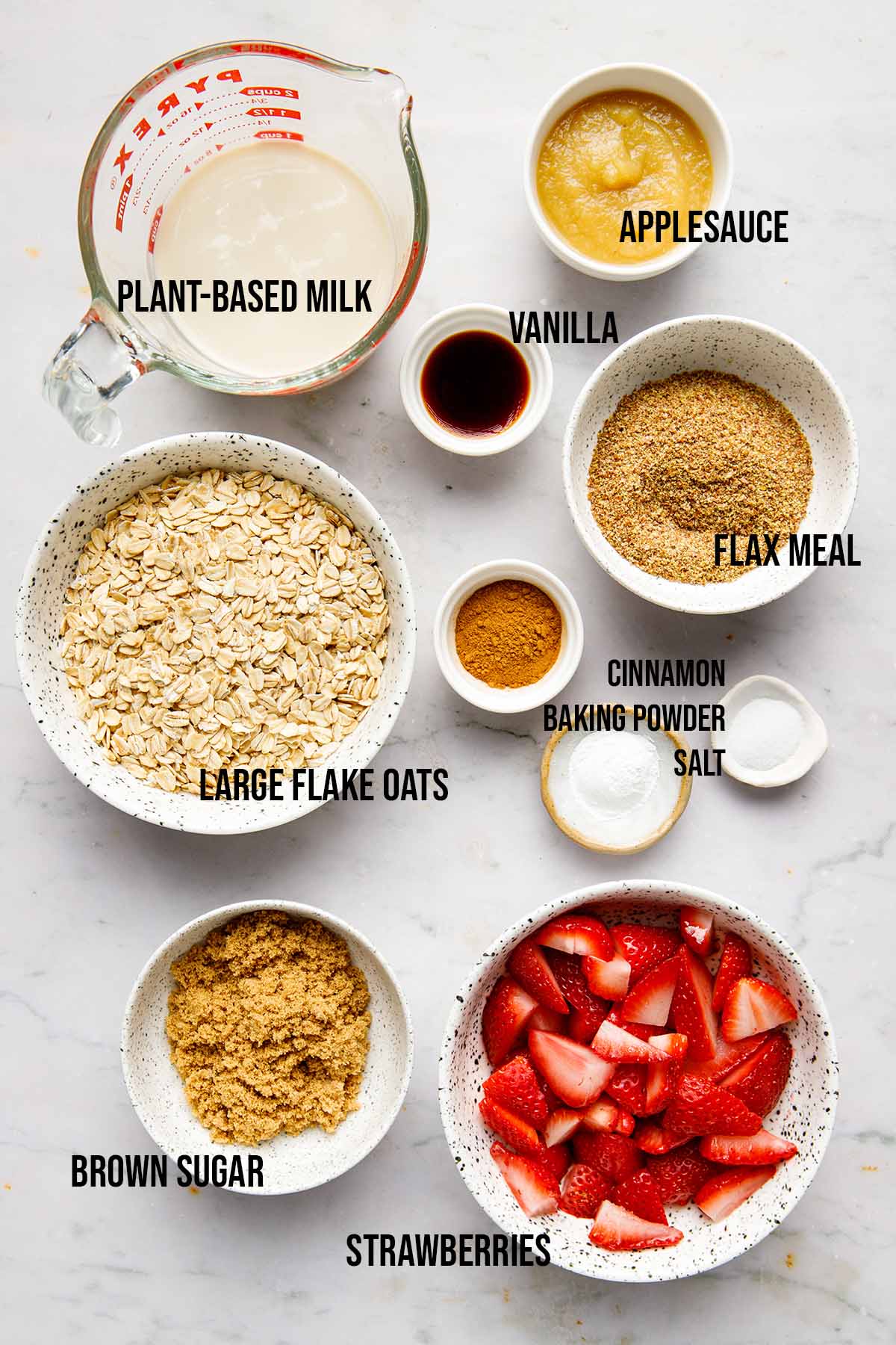 Ingredients to make strawberry baked oatmeal.