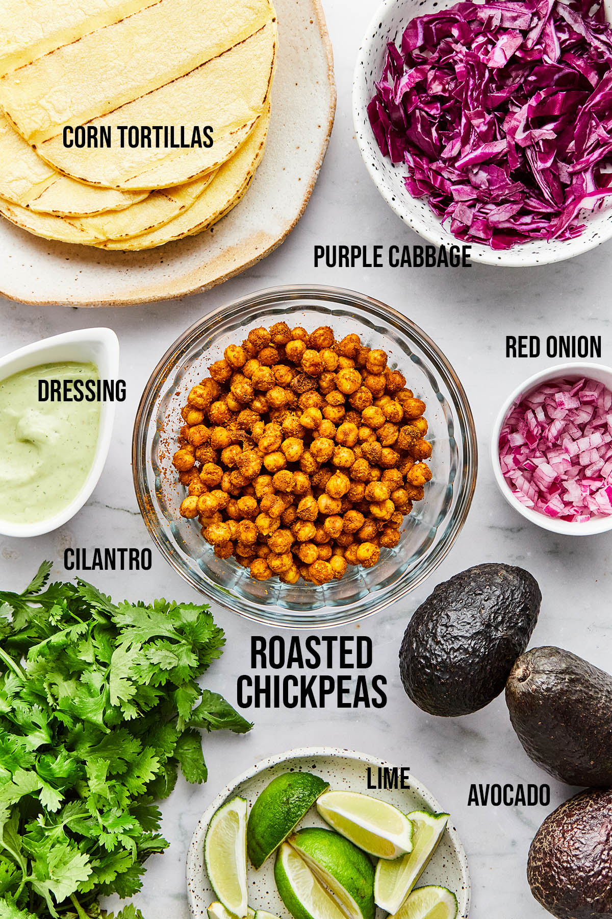 Ingredients to make roasted chickpea tacos.